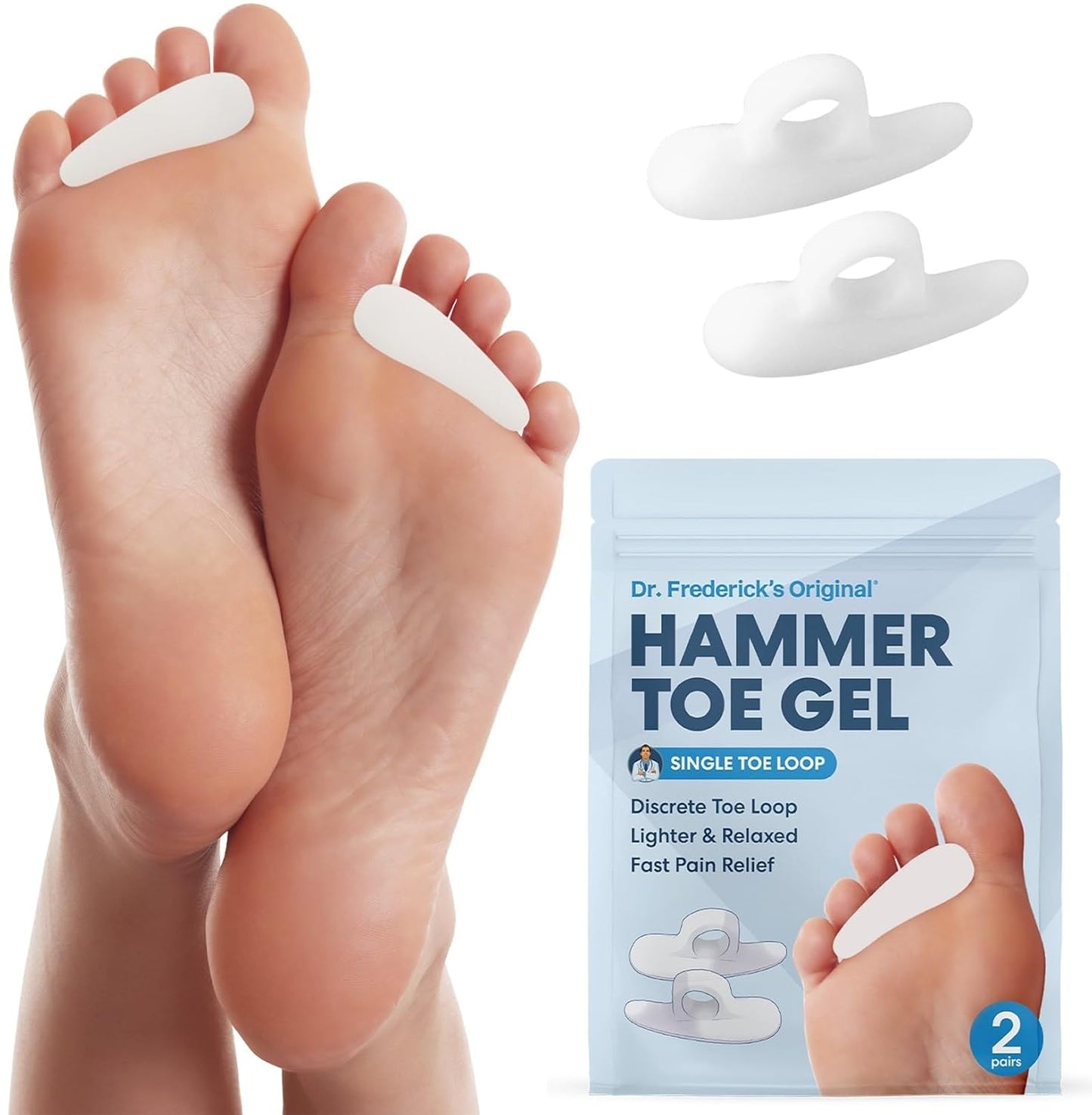 Dr. Frederick's Original Hammer Toe Gels - 2 Pairs - Hammertoe Support Crest for Women & Men - Cushion & Temporary Splint for Toe Alignment, Crooked Toes, and Pain Relief - White - 1 Loop Design
