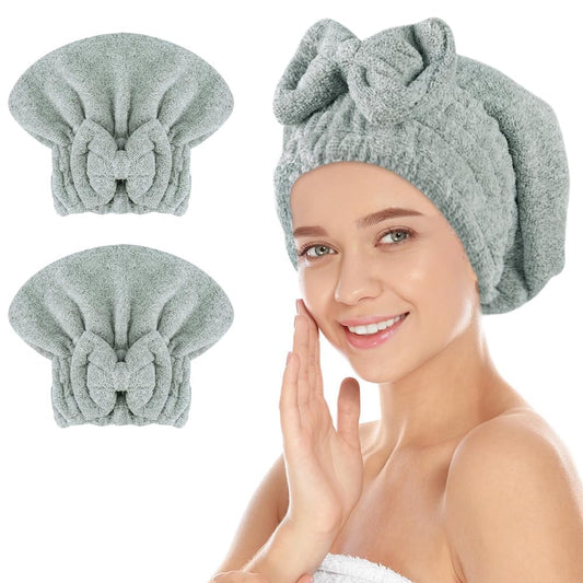 SUNLAND Large Microfiber Hair Drying Caps with Bow knot Fast Drying Shower Cap Soft and Absorbent hairWrap Hair Turban Bath Caps for Curly Thick and wet Hair 11 X 13.4 inch 2 Pack Green