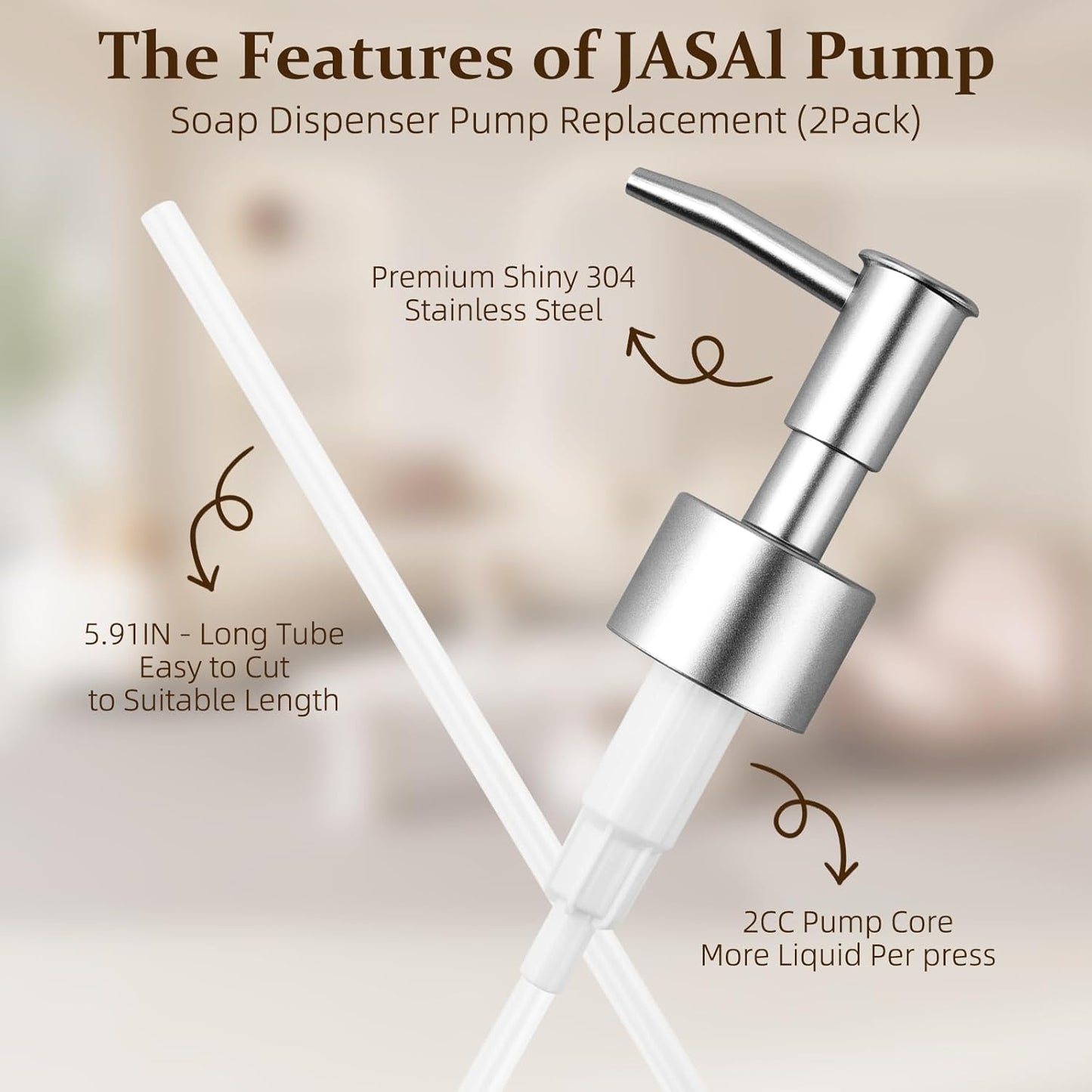 2 Pack Silver Soap Dispenser Pump Replacement Heads, Compatible with Regular Mouth Plastic Bottles for Liquid Soap, Lotion, Shampoo, and More