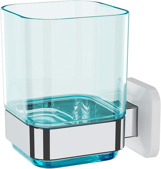 Wall-Mounted Tumbler and Toothbrush Holder, Wall Mounted Adhesive Hanging Electric Toothbrush Organizer Stand for Bathroom, No Drilling Required (Blue+Chrome, 3.93"X3.93"X2.97")