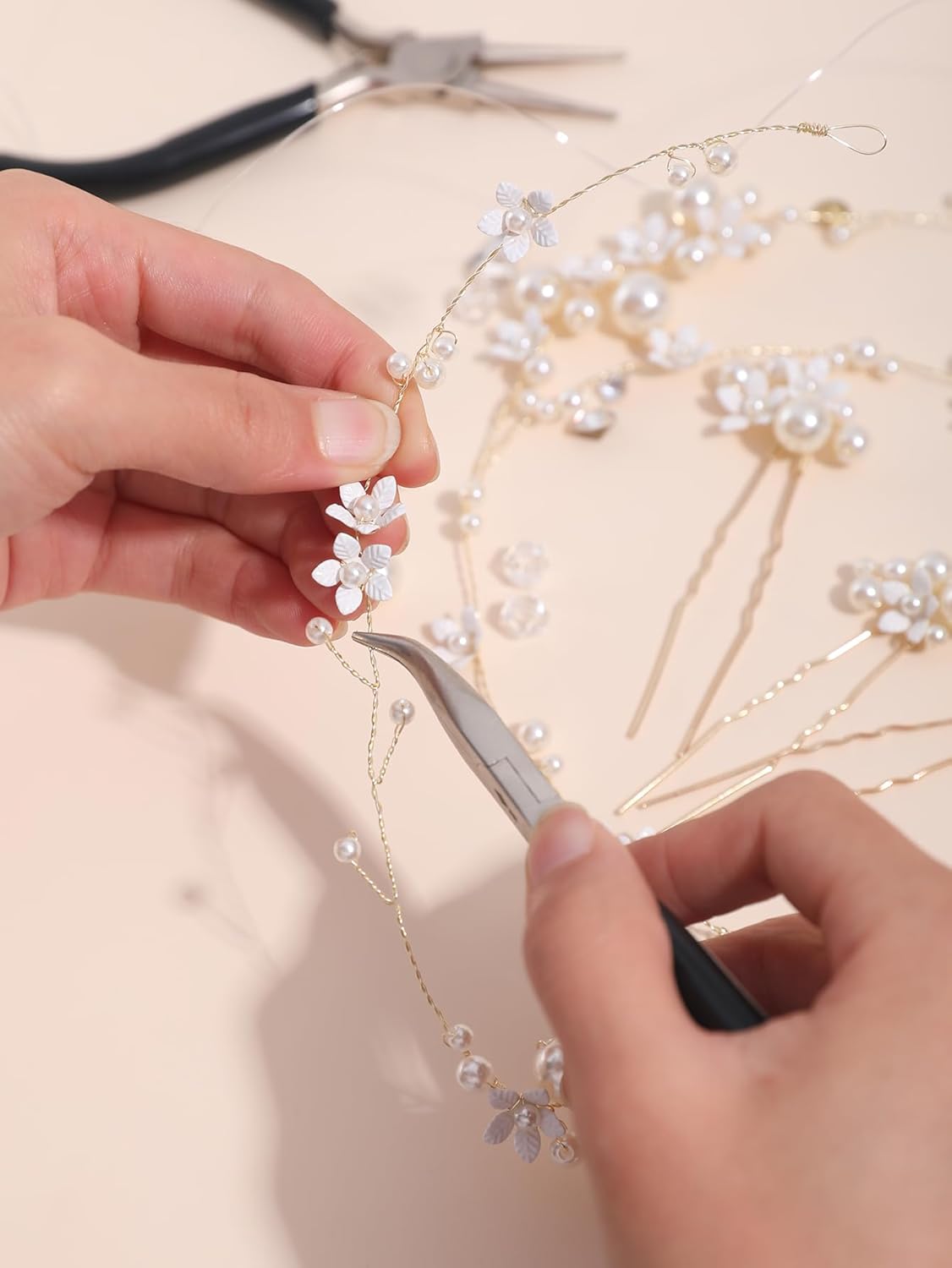 Handmade Pearl Bridal Hair Vine Wedding Hair Accessories Sparkling Pins Set Bride Wedding Pieces for Women and Girls Hair Jewelry Brides Headpieces Crystal 40'' Light Gold 7 Pcs