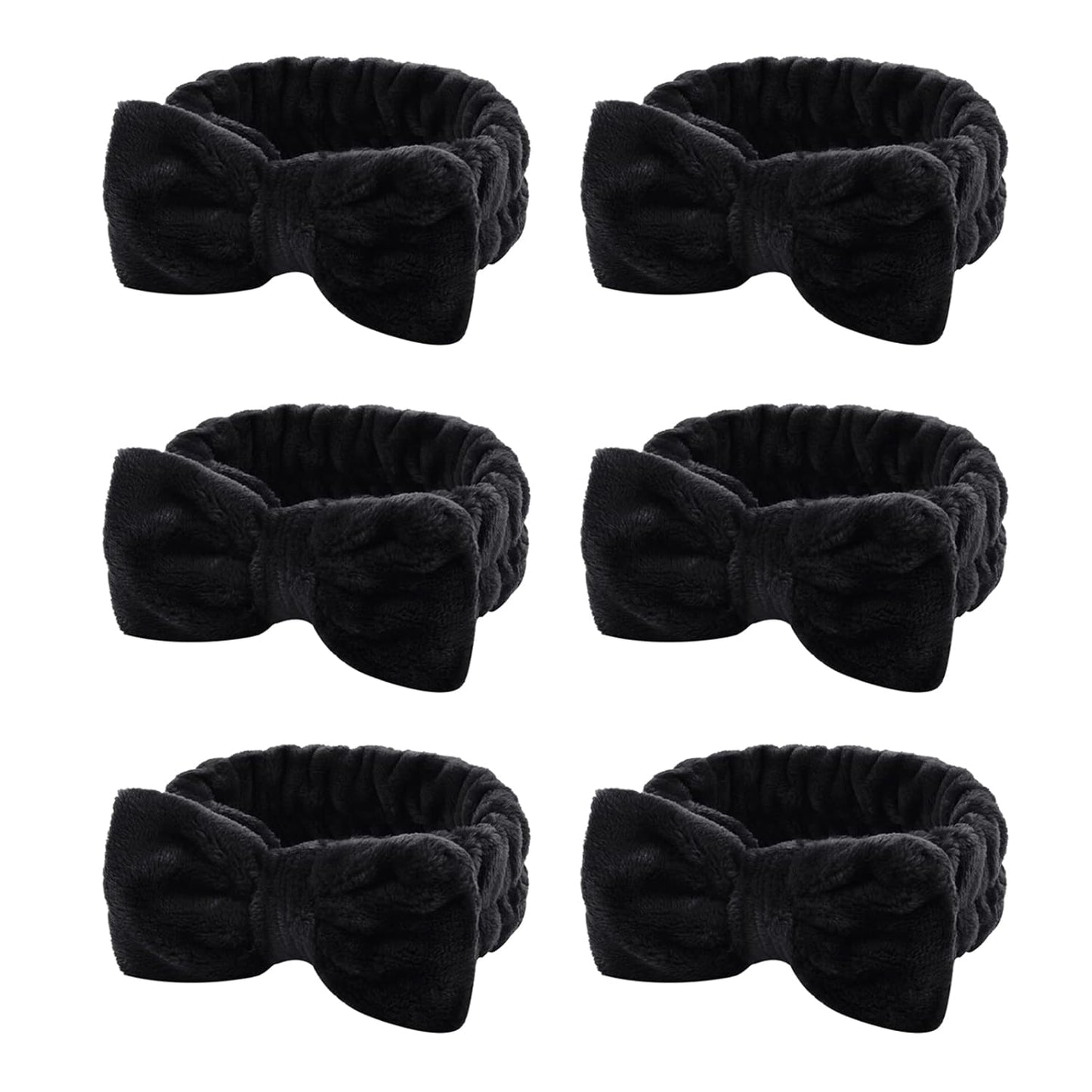 Casoty 6 Pcs Black Spa Headband, Bow Hair Band, Hair Band for Washing Face, Fuzzy Headbands for Women Girls, Soft Coral Fleece Skincare Headbands for Face Washing Shower Yoga