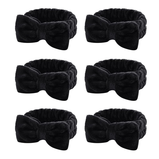 Casoty 6 Pcs Black Spa Headband, Bow Hair Band, Hair Band for Washing Face, Fuzzy Headbands for Women Girls, Soft Coral Fleece Skincare Headbands for Face Washing Shower Yoga