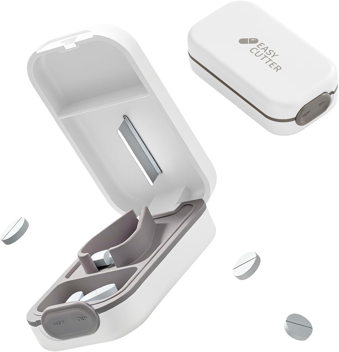 Pill Cutter Splitter for Small or Large Pills with Safety Lock - Accurate and Easy Travel-Friendly Design for Daily Use (White)