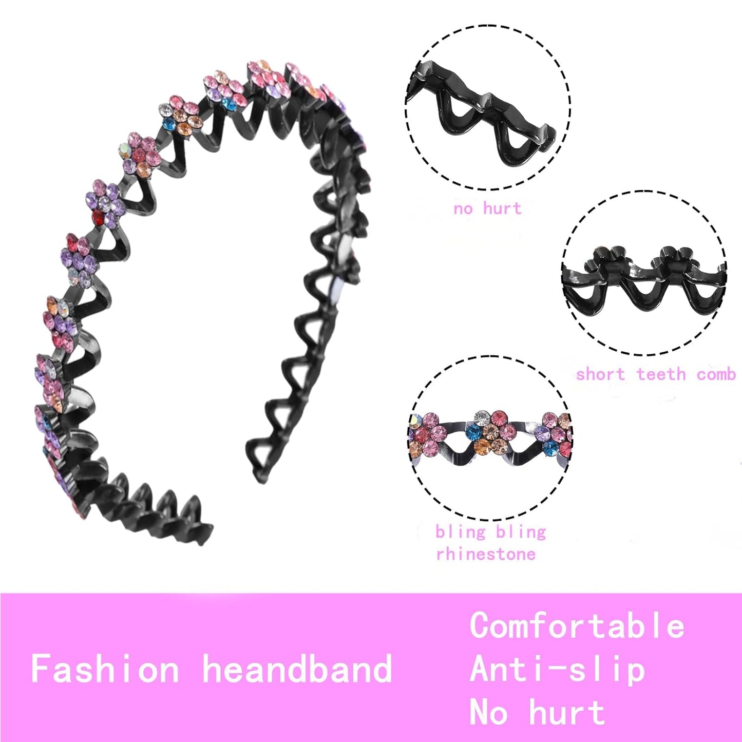 Sparkle Rhinestone Headbands with High Elastic Glitter Flower Headband Comfortable Non Slip Hairband Bling Hair Hoop Hair Accessories for Women Girls with 6PCS