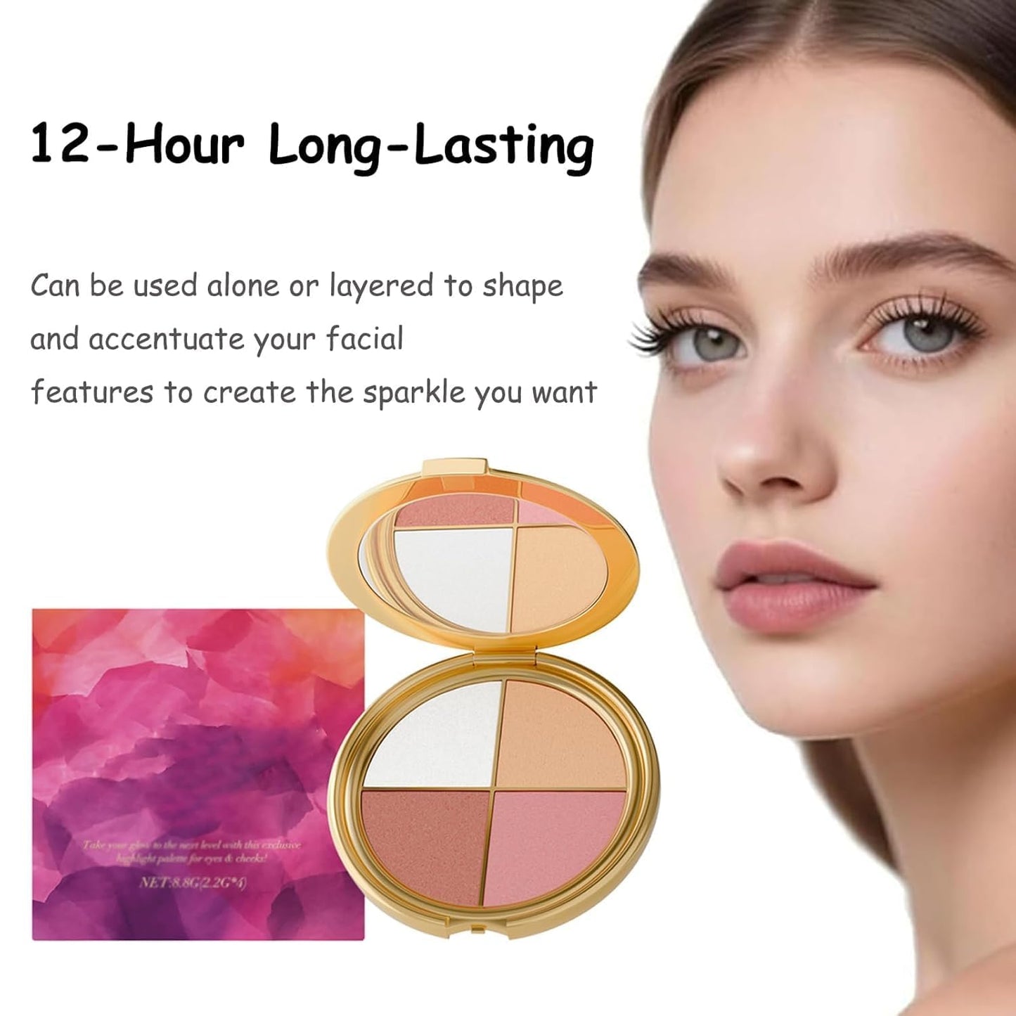 Eye & Cheek Palette - Makeup Kit with Eyeshadow, Highlighter, Blush & Contour Powder, Includes Detachable Brush for a Natural Shimmer Glow, Face Contouring Palette for Women (3 PCS)