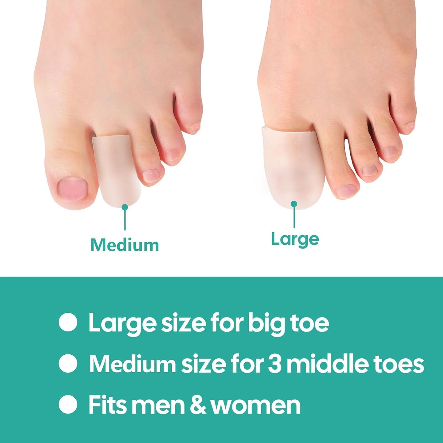 Welnove Gel Toe Cap and Protector - Silicone Toe Covers - Toe Cushions for Pain Relief, Missing or Ingrown Toenails, Corns, Calluses, Blisters - Infused Aloe Vera Extract (4 Large + 8 Medium, Clear)