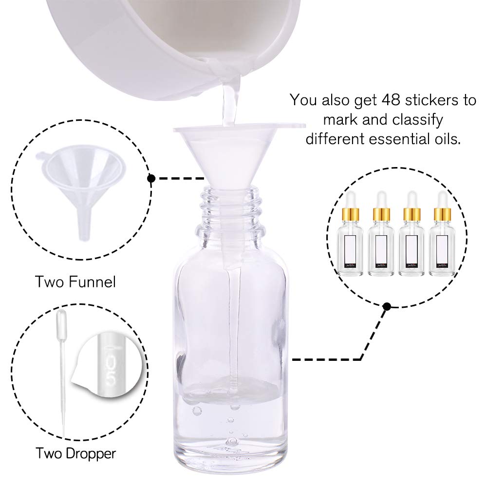 PrettyCare Glass Eye Dropper Bottles 24 Pack, 1oz (30ml) Clear Empty Thick Bottles Bulk with Leakproof Golden Caps - With Labels & Funnels for Storage, Travel, Essential Oils, Cuticle Oils, Tinctures