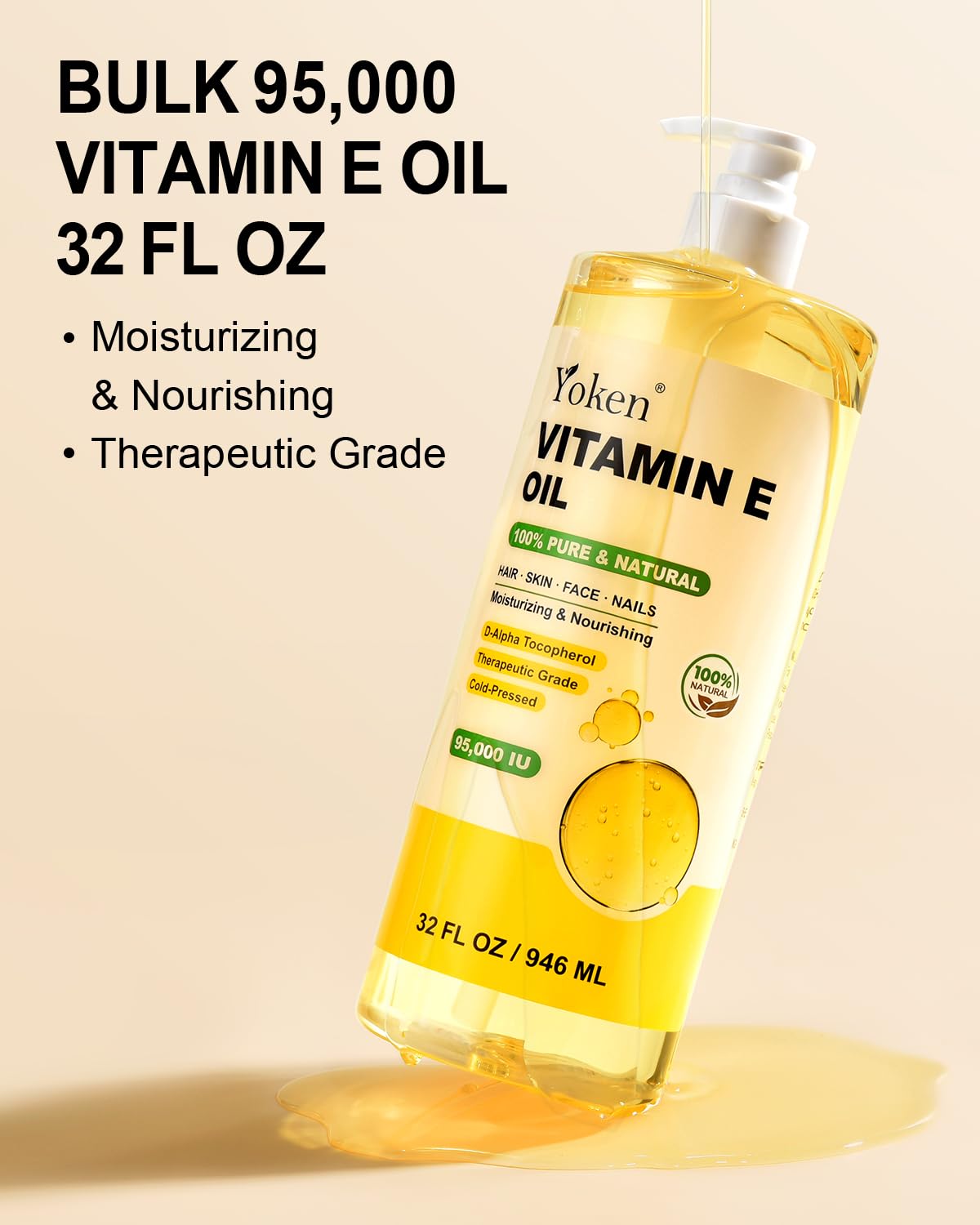 Vitamin E Oil 32 Fl Oz Organic Vitamin E oil for Skin 95,000 IU Vitamine oils for Scars Hair,Face,Nail,Scalp Perfect DIY Bath and Body Oil Cold Pressed Hexane Free Non-GMO Gluten Free Formula