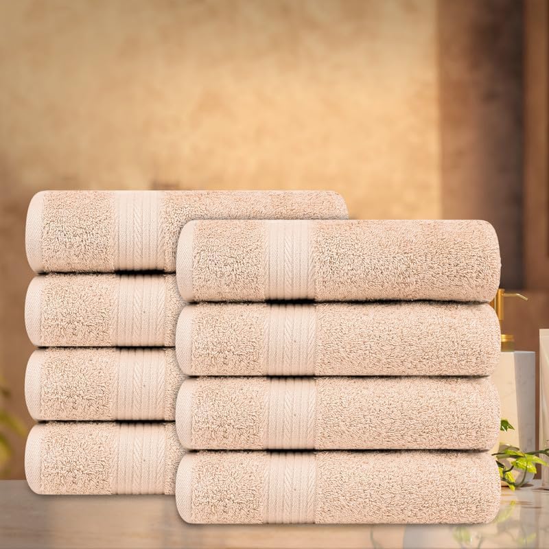 Ample Decor Hand Towel 18 X 28 Inch Pack of 8 600 GSM 100% Cotton,Oeko Tex Certified Soft Absorbent Thick Durable Premium Quality, for Hotel, Bathroom, Spa, Daily Use,Gym-Machine Washable-Beige