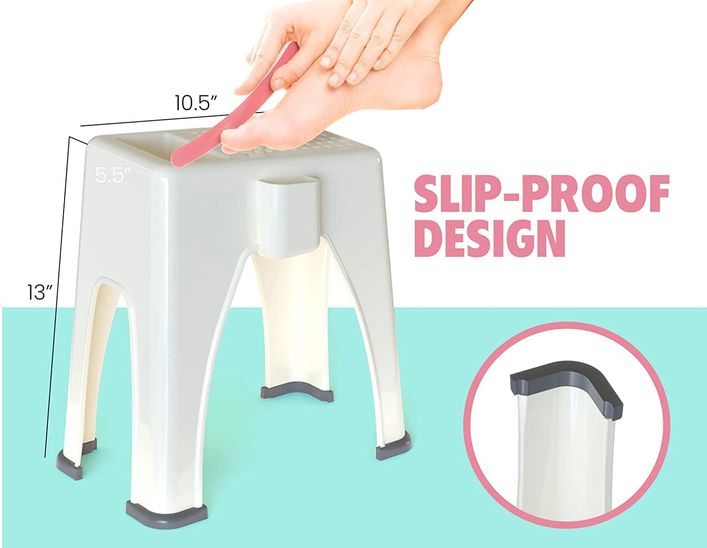 TidyFriend Shower Foot Rest 9.27 x 7 x 10 Inches, Plastic Pedicure Foot Rest, 3 Pockets Shower Stool for Shaving Legs Hold Shaving Essentials (Beige)