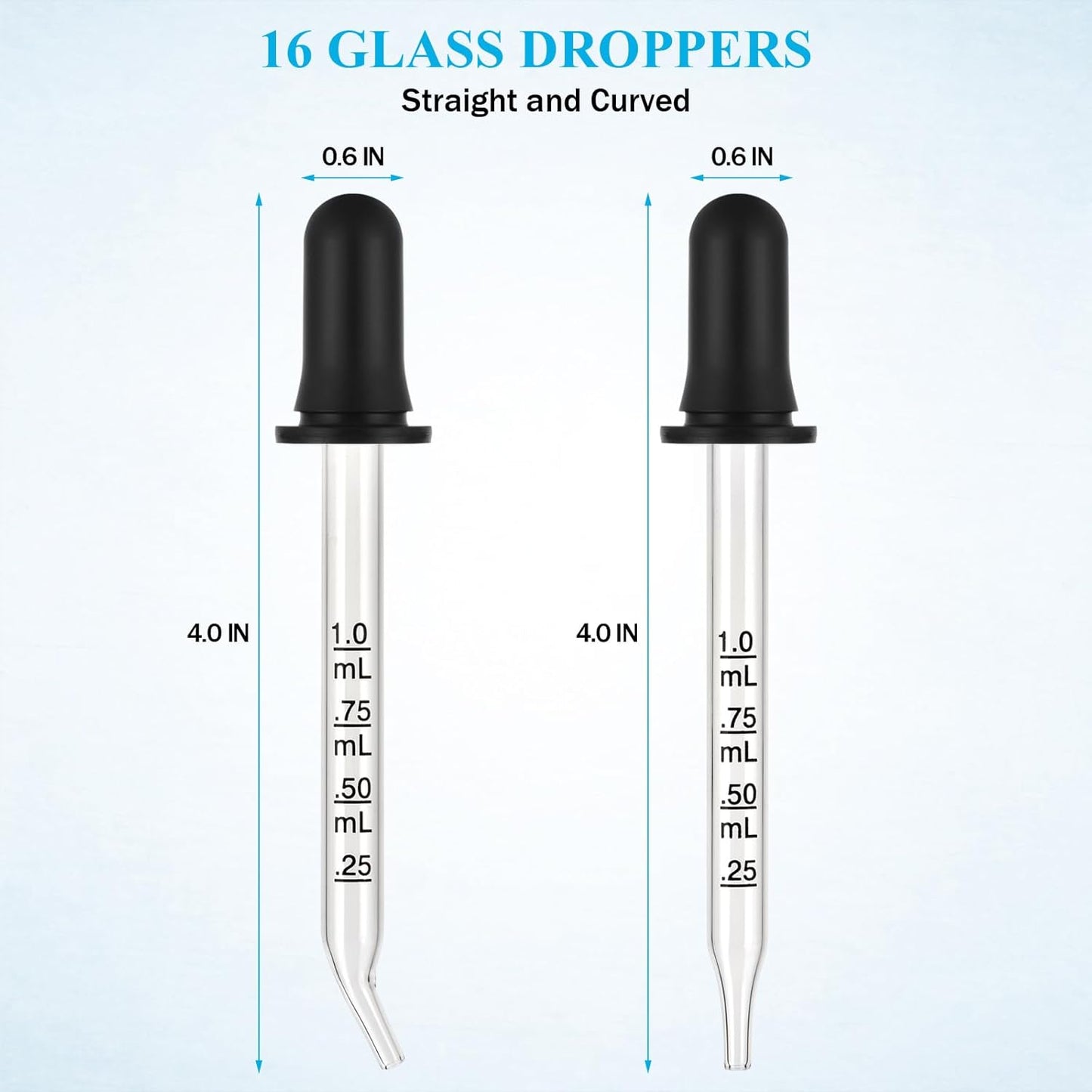 Herain 16 Pack Glass Pipette Dropper, Ear and Eye Dropper Bent & Straight Tips, 1 ml Droppers for Essential Oils, Lab, Crafts, Measuring and Transferring a Variety of Liquids