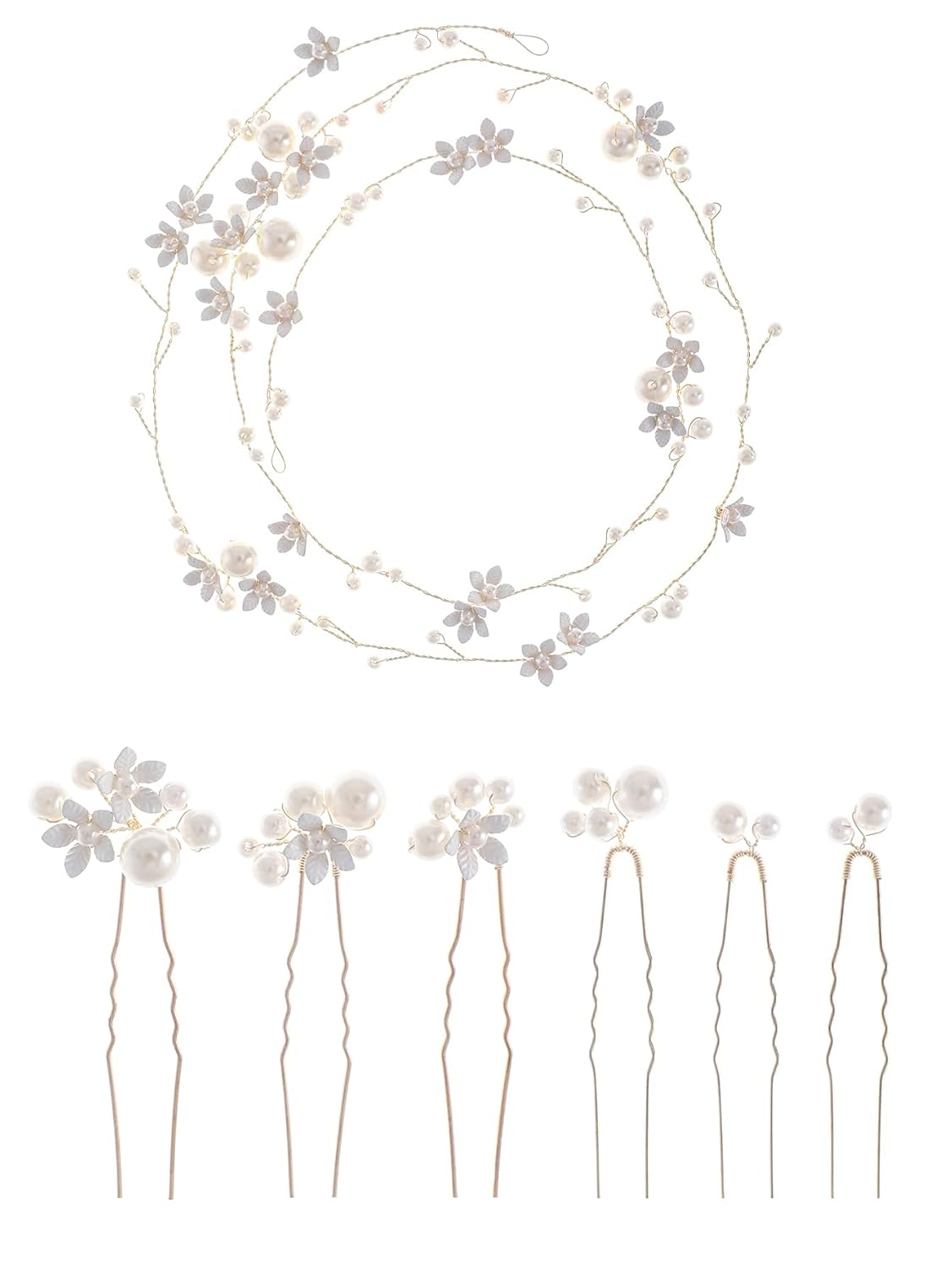 Handmade Pearl Bridal Hair Vine Wedding Hair Accessories Sparkling Pins Set Bride Wedding Pieces for Women and Girls Hair Jewelry Brides Headpieces Crystal 40'' Light Gold 7 Pcs