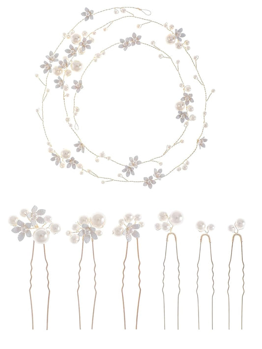 Handmade Pearl Bridal Hair Vine Wedding Hair Accessories Sparkling Pins Set Bride Wedding Pieces for Women and Girls Hair Jewelry Brides Headpieces Crystal 40'' Light Gold 7 Pcs