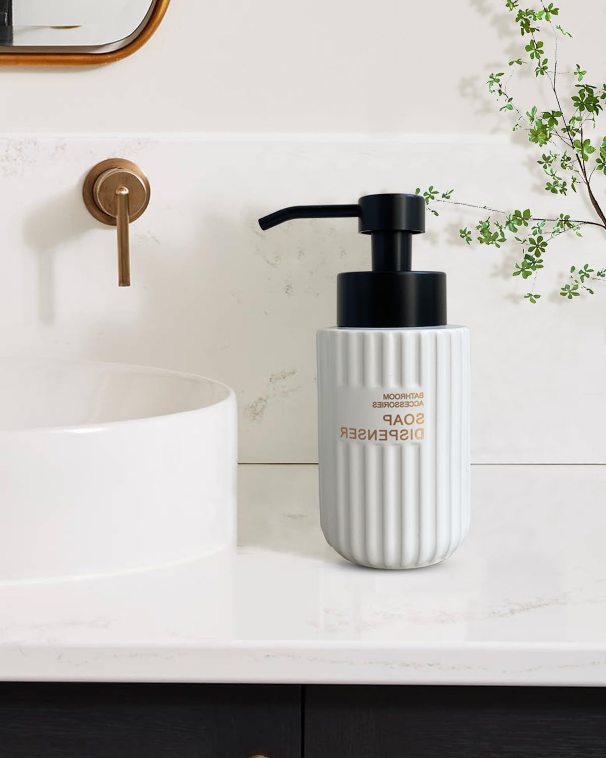 11.5 Oz Foaming Soap Dispenser for Bathroom,Kitchen Foam Soap Dispenser,Refillable Modern Foam Pump Bottle,Black Ceramic Foaming Hand Pump Dispenser (White Stripe)