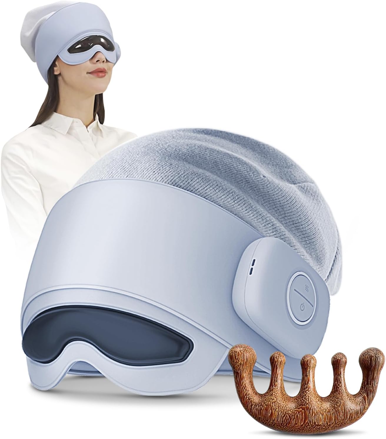 Head Massager with Eye Mask for Fatigue Relief, 4 Modes, 2 Heat Settings, Bluetooth-Capable, Rechargeable,Ideal for Rest & Relaxation, Gift Wooden Comb, Portable, Gifts for Family and Friends