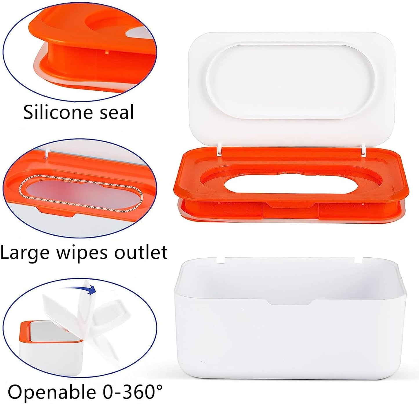 Wipes Dispenser with 2Pcs Portable Refillable Wipe Holder,Reusable Large Wipe Holder Box Flushable Wipes Case Bathroom Wipes Container for Pet Nursery Kitchen Office Counter (White-Orange)