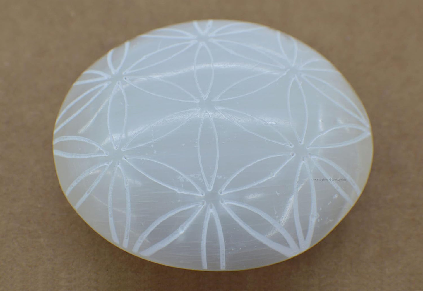 Amazing Gemstone Selenite Palm Stone - Flower of Life Engraved Hot Massage Worry Stone for Natural Body Chakra Balancing, Reiki Healing and Crystal Grid