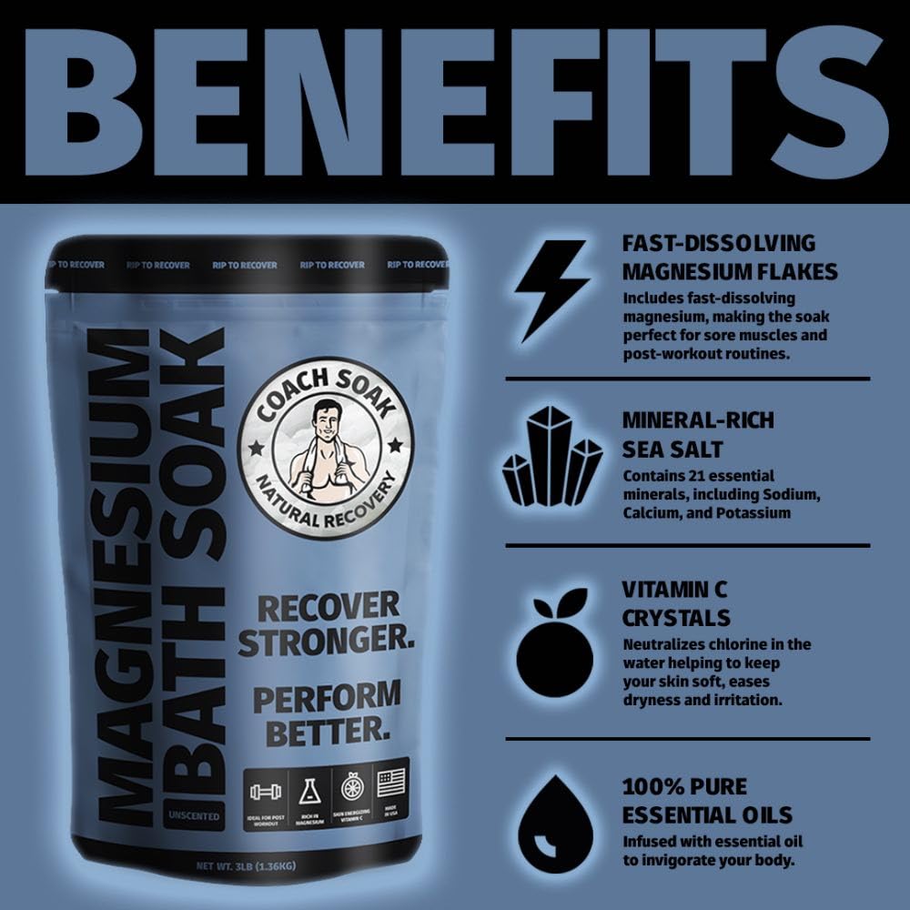 Coach Soak Recovery Bath Soak - Alternative to Epsom Salt Bath Soak - Fast-Absorbing Pure Magnesium Flakes with 21 Minerals, Bath Salts & Essential Oils - 3 lb (1 Pack) - Unscented