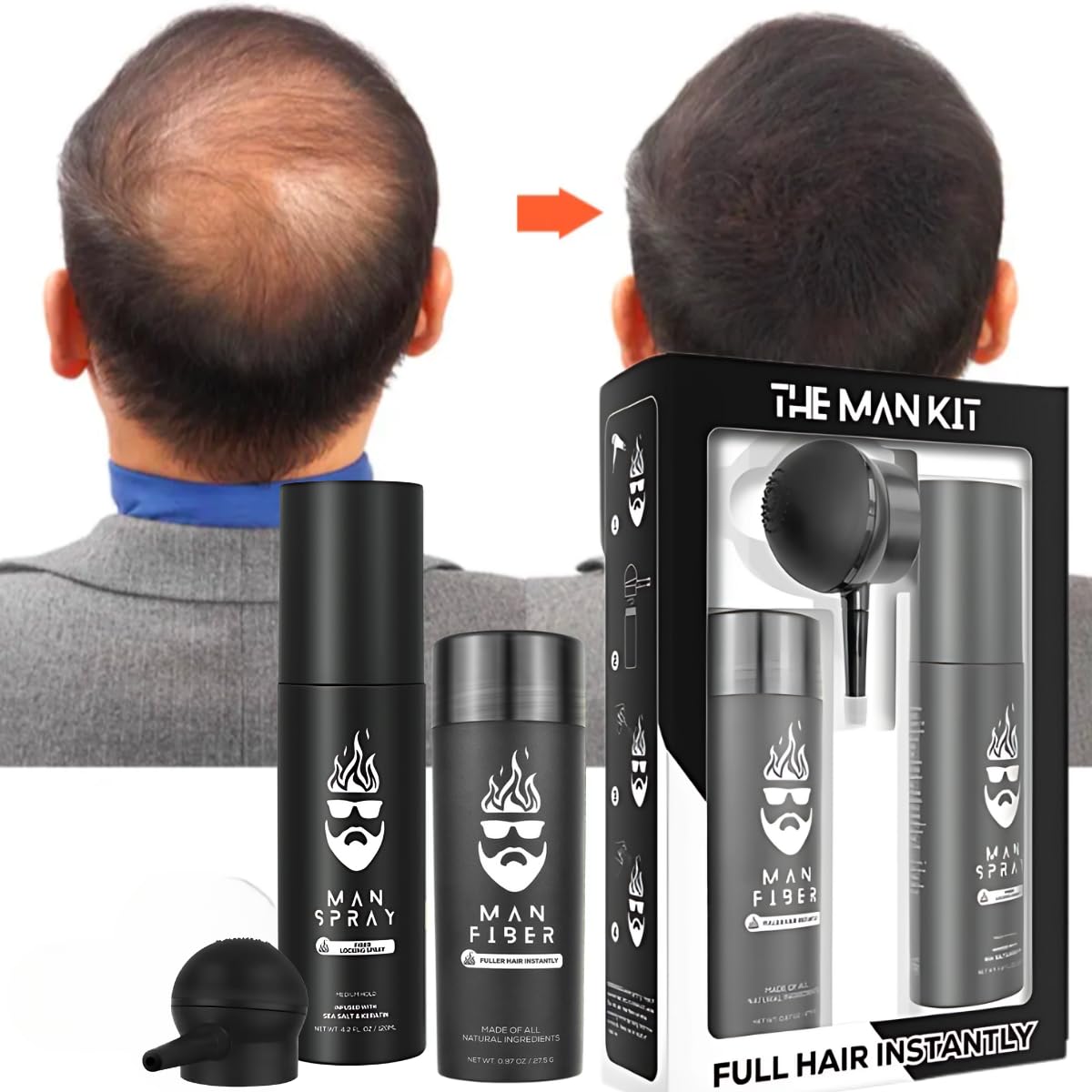 Hair Thickening Fibers (Black), Hair Fiber Locking Spray + Applicator Fiber Pump to create Natural looking Fuller Hair and Beard | Man Card Included | Hair Set by the THE MAN KIT