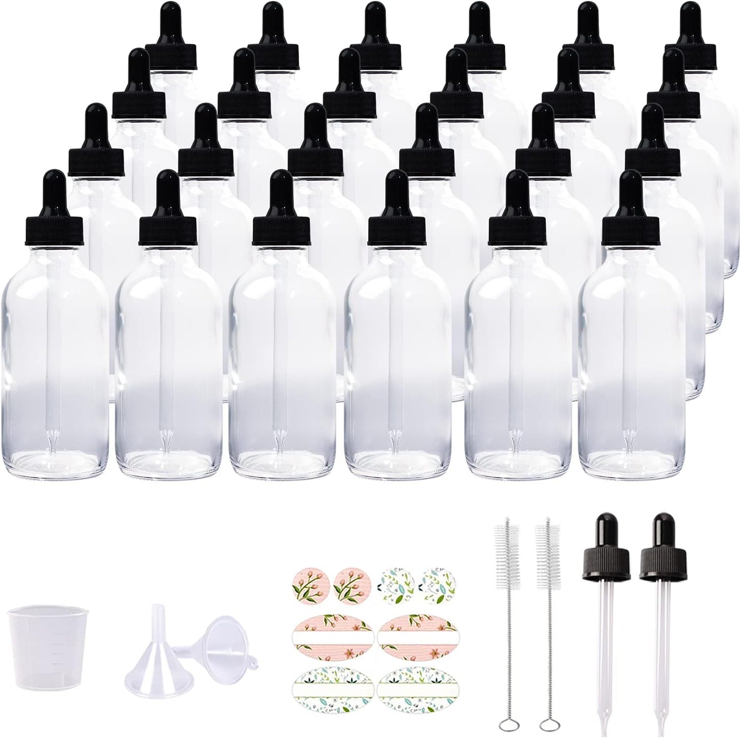 24 Pack 4oz Clear Glass Bottles with Glass Eye Droppers for Essential Oils, Perfumes & Lab Chemicals (2 Brushes, 2 Funnels, 2 Extra Droppers, 36 Pieces Labels & 30ml Measuring Cup Included)