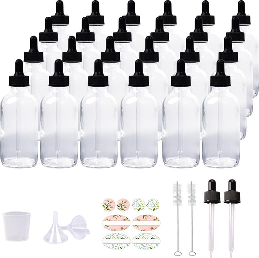 24 Pack 4oz Clear Glass Bottles with Glass Eye Droppers for Essential Oils, Perfumes & Lab Chemicals (2 Brushes, 2 Funnels, 2 Extra Droppers, 36 Pieces Labels & 30ml Measuring Cup Included)