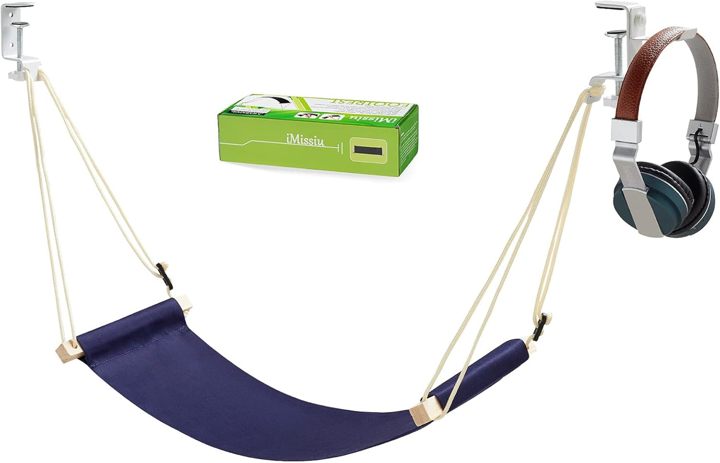 iMissiu Adjustable Office Foot Rest | Portable Under Desk Hammock with Headphones Holder (Blue)