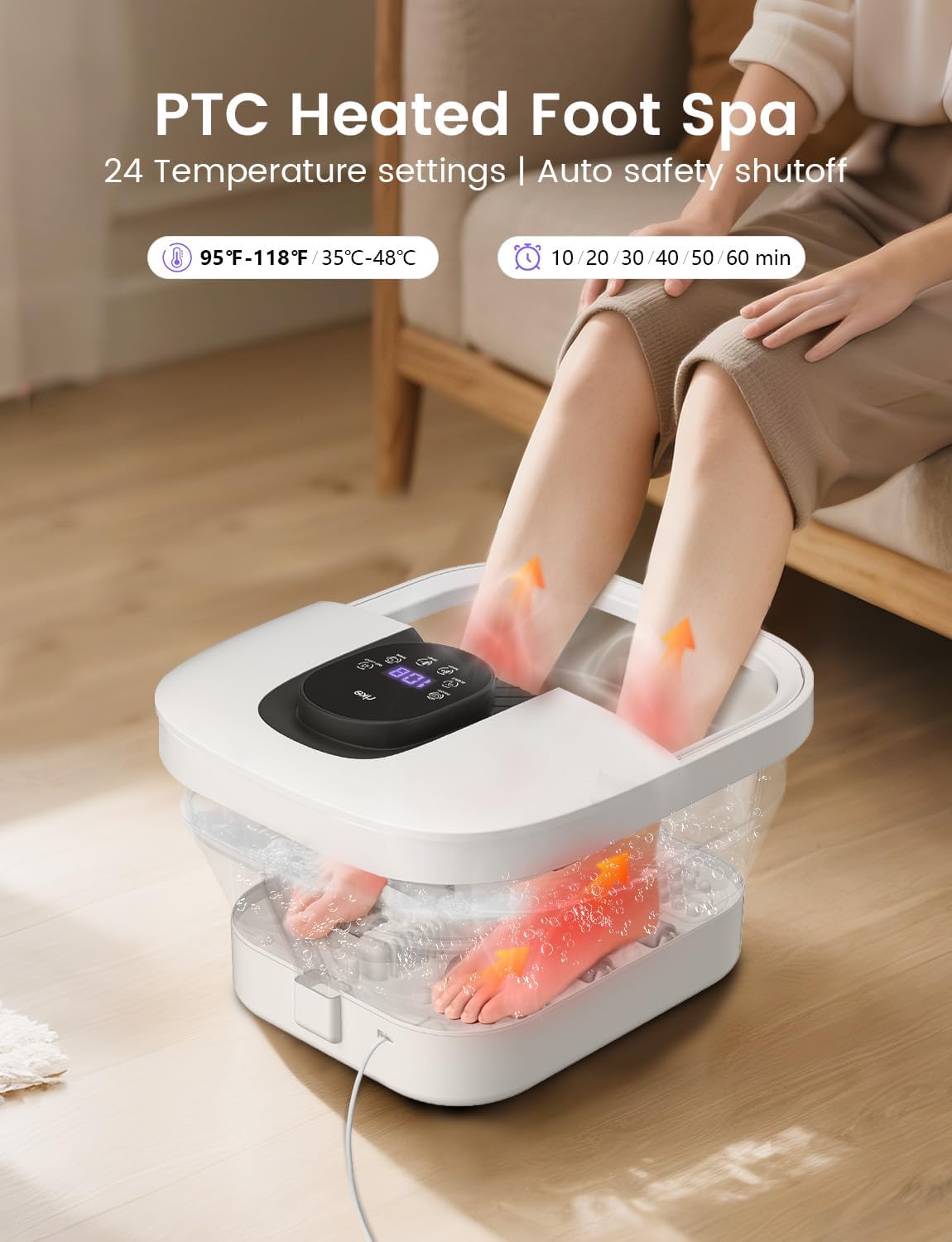RIKE Collapsible Foot Spa with Heat, Bubbles, 24-Level Temp Control, Red Light, Timer, Foot Soaking Tub with 6 Shiatsu Rollers & Pumice Stone, Foot Bath Massager Pedicure FootSpa for Stress Relief