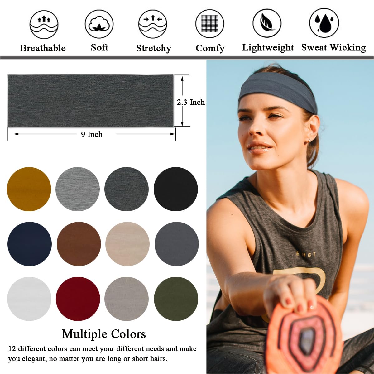 Headbands For Women Sweat Headband Yoga Elastic Head Bands Women's Hair Band Workout Hairbands Accessories 12 Pack