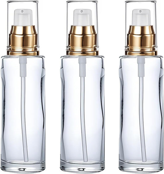 3Packs 60ml/2Oz Clear Glass Pump Dispenser Bottles Refillable Lotion Glass Bottle with Pump Empty Cosmetic Containers Travel Sample Bottles for Essential Oils Lotions DIY Skin Cares
