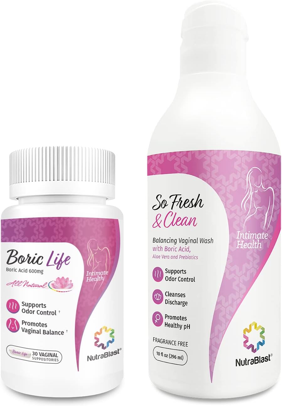 NutraBlast Boric Acid Vaginal Suppositories Bundle with So Fresh & Clean | Supports Odor Control | Cleanses Discharge | Promotes Intimate Balance (30 Count & 10 fl oz)
