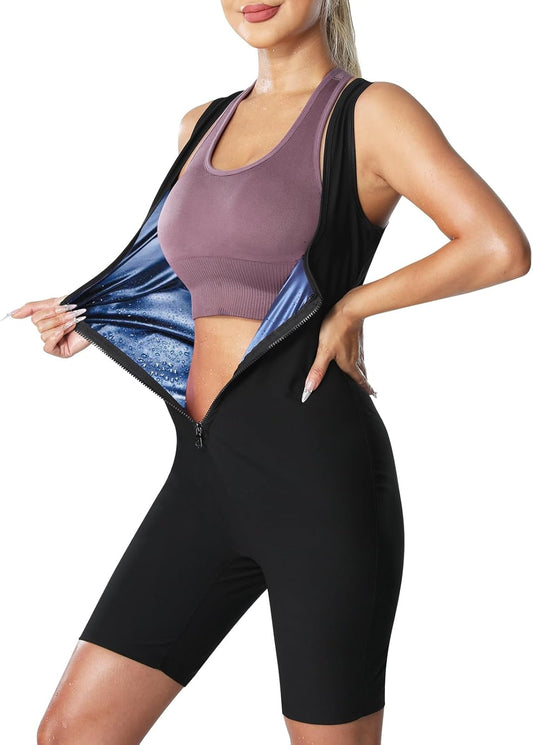 Sauna Suit for Women Sauna Vest Weight Loss 4 in 1 Waist Trainer Full Body Sweat Shirt Workout Running Gym