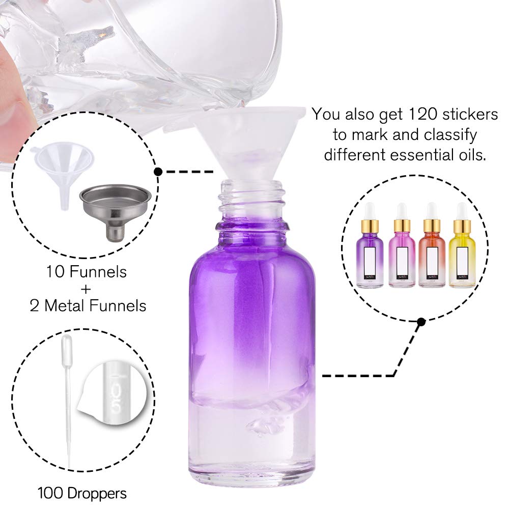 PrettyCare Glass Eye Dropper Bottles 99 Pack, 1oz (30ml) Rainbow Empty Thick Bottles Bulk with Leakproof Golden Caps - With Labels & Funnels for Storage, Travel, Essential Oils, Cuticle, Tinctures