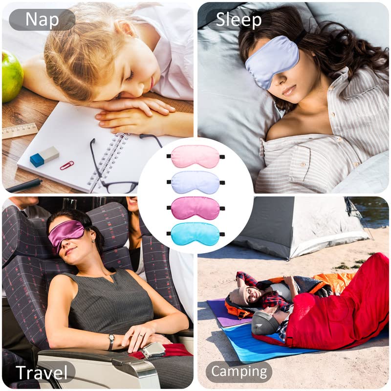 BBTO 4 Pcs Silk Sleep Eye Masks Smooth Soft Satin Eye Covers with Adjustable Strap Blindfold for Sleeping Blocking Out Lights Travel Relaxation (Purple, Pink, Sky Blue, Taro Color)