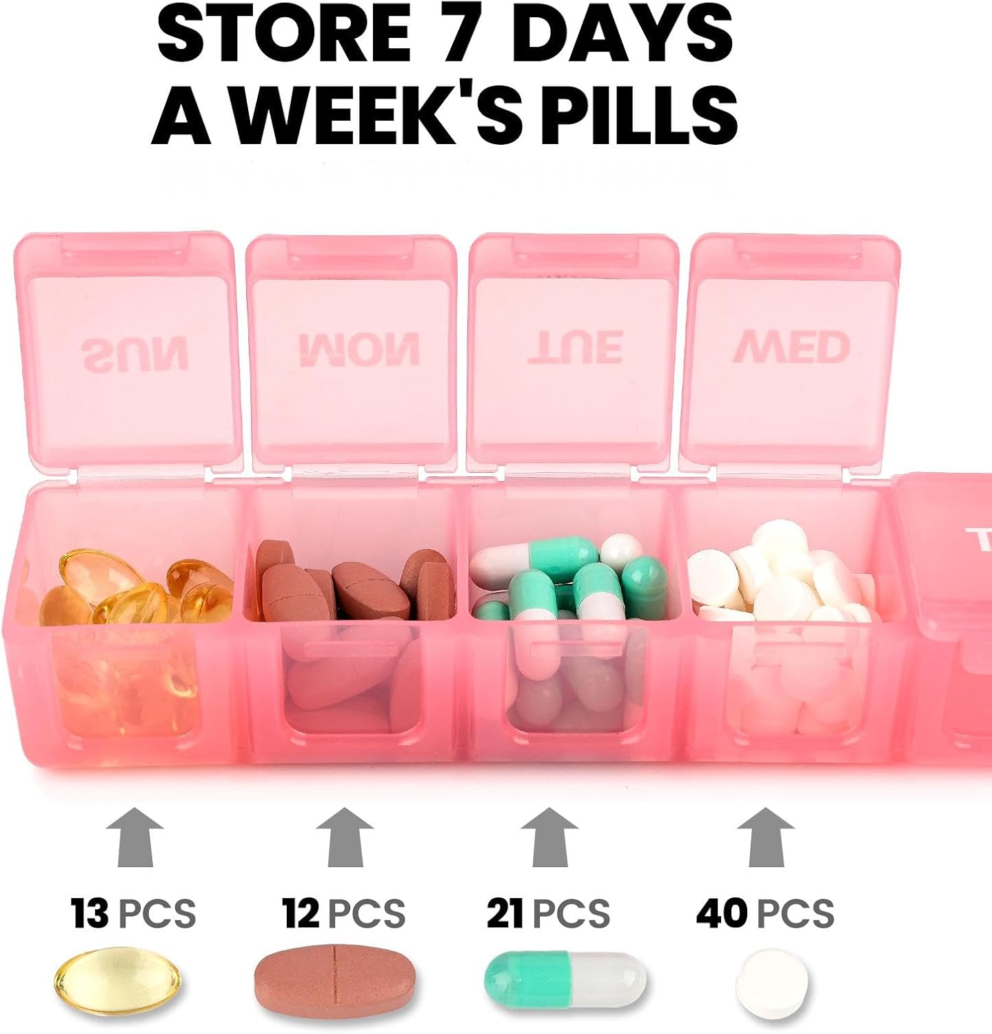 Sukuos Extra Large Daily Pill Organizer 7 Day, Easy to Open Weekly Pill Box Case, Portable Medicine Case Vitamin Holder with Clear Lid for Fish Oils or Supplements (Light Pink)