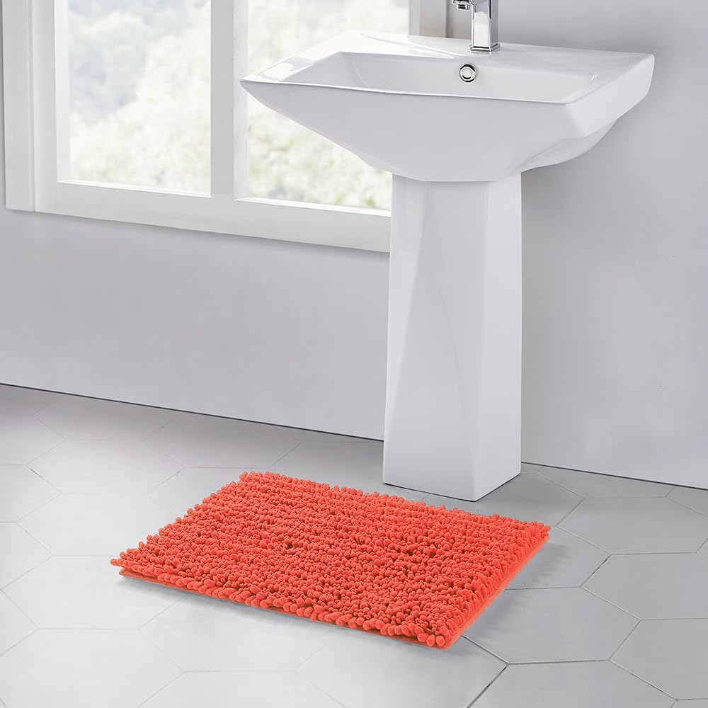 Walensee Bathroom Rug Non Slip Bath Mat (24x17 Inch Coral) Water Absorbent Super Soft Shaggy Chenille Machine Washable Dry Extra Thick Perfect Absorbant Best Small Plush Carpet for Shower Floor