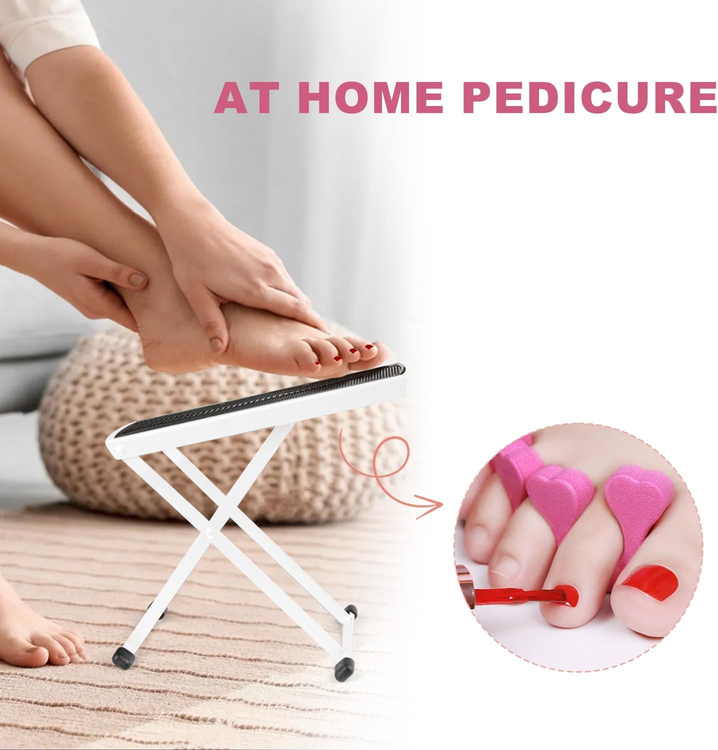 Pedicure Foot Rest, Adjustable Foot Stand with Non-Slip, Toe Separator - Easy at Home, No More Bending or Stretching, Beauty Pedicure Kit, White