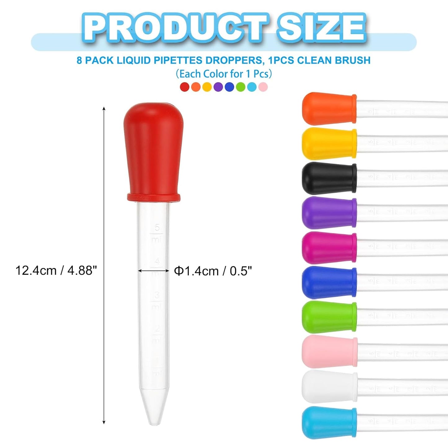 PATIKIL 8 Pack Liquid Pipettes Droppers, 5ml Silicone Liquid Dropper with A Clean Brush for Water Milk Candy Kitchen Gelatin Oil Crafts(8 Colors)