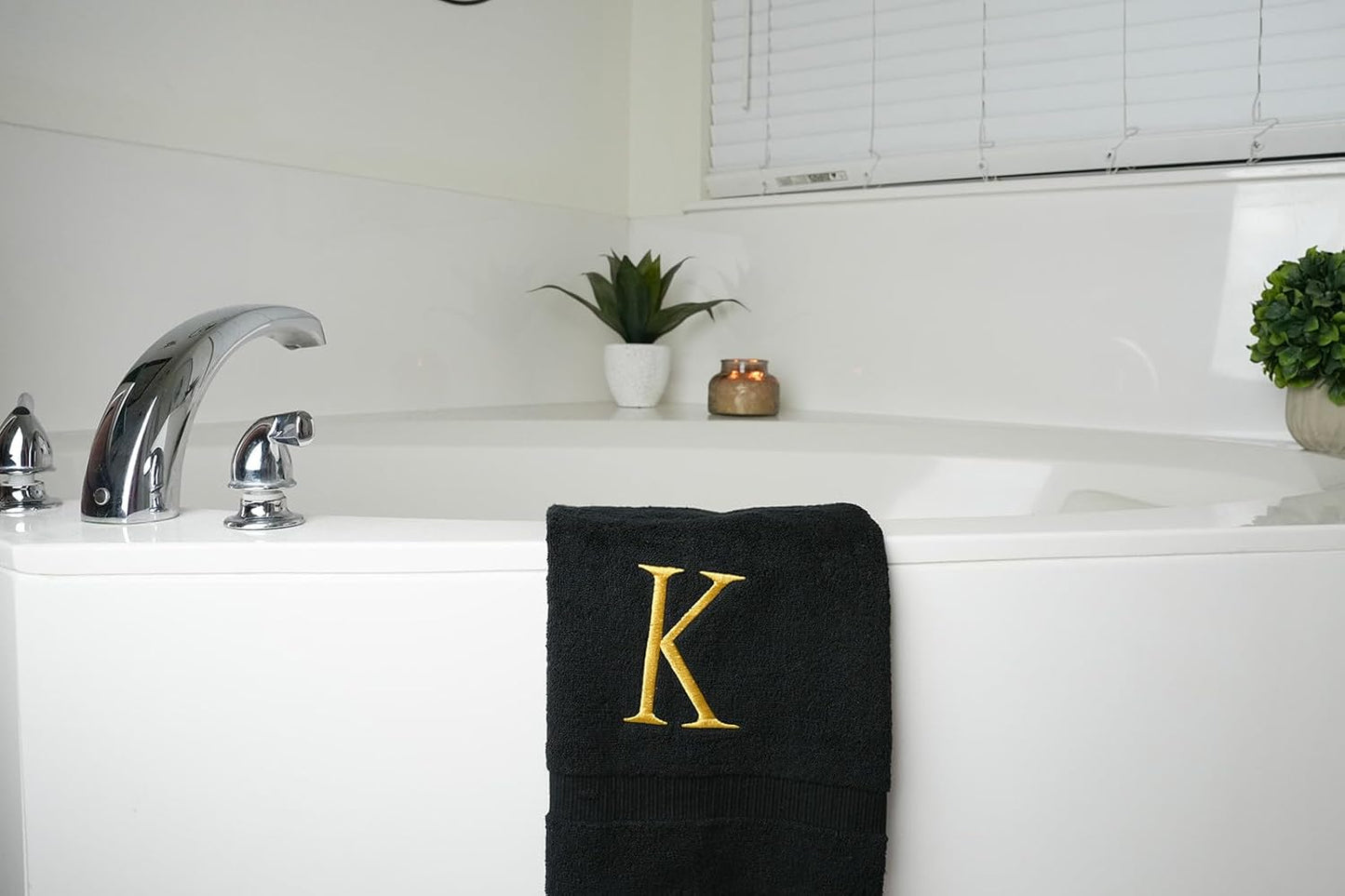Black Monogrammed Hand Towels for Bathroom - Black and Gold Luxury Hotel Quality Personalized Initial Decorative Embroidered for Powder Room, Spa-GOTS Organic Certified - Pack of 2, Letter K
