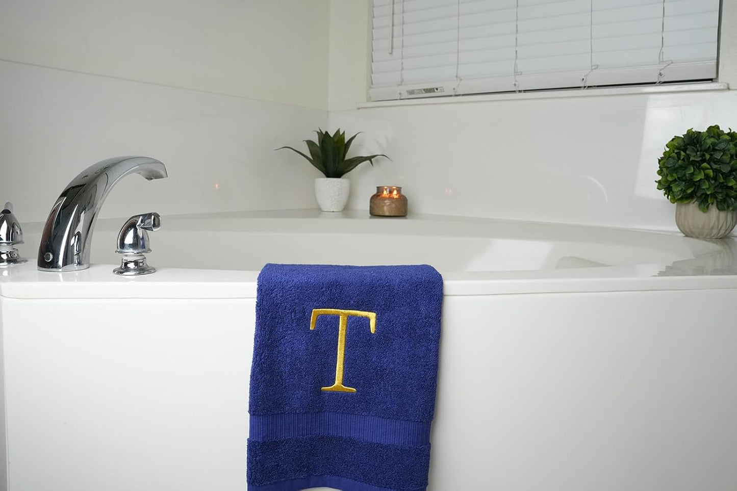 Navy Bathroom Hand Towel - Monogrammed Luxury Hotel Quality Decorative Embroidered Towel for Powder Room, Spa - GOTS Organic Certified - Set of 2 Gold Letter T