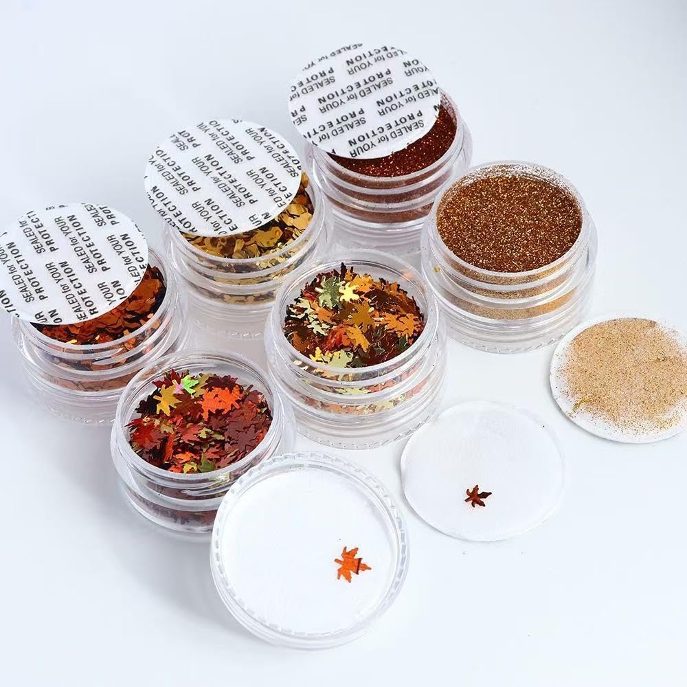 12 Grids Fall Maple Leaf Nail Sequins Thanksgiving Nail Art Stickers 3D Maple Leaves Nail Glitter Powder Autumn Glitter Flakes Red and Yellow Nail Glitter Nail Art Supplies for Acrylic Nails