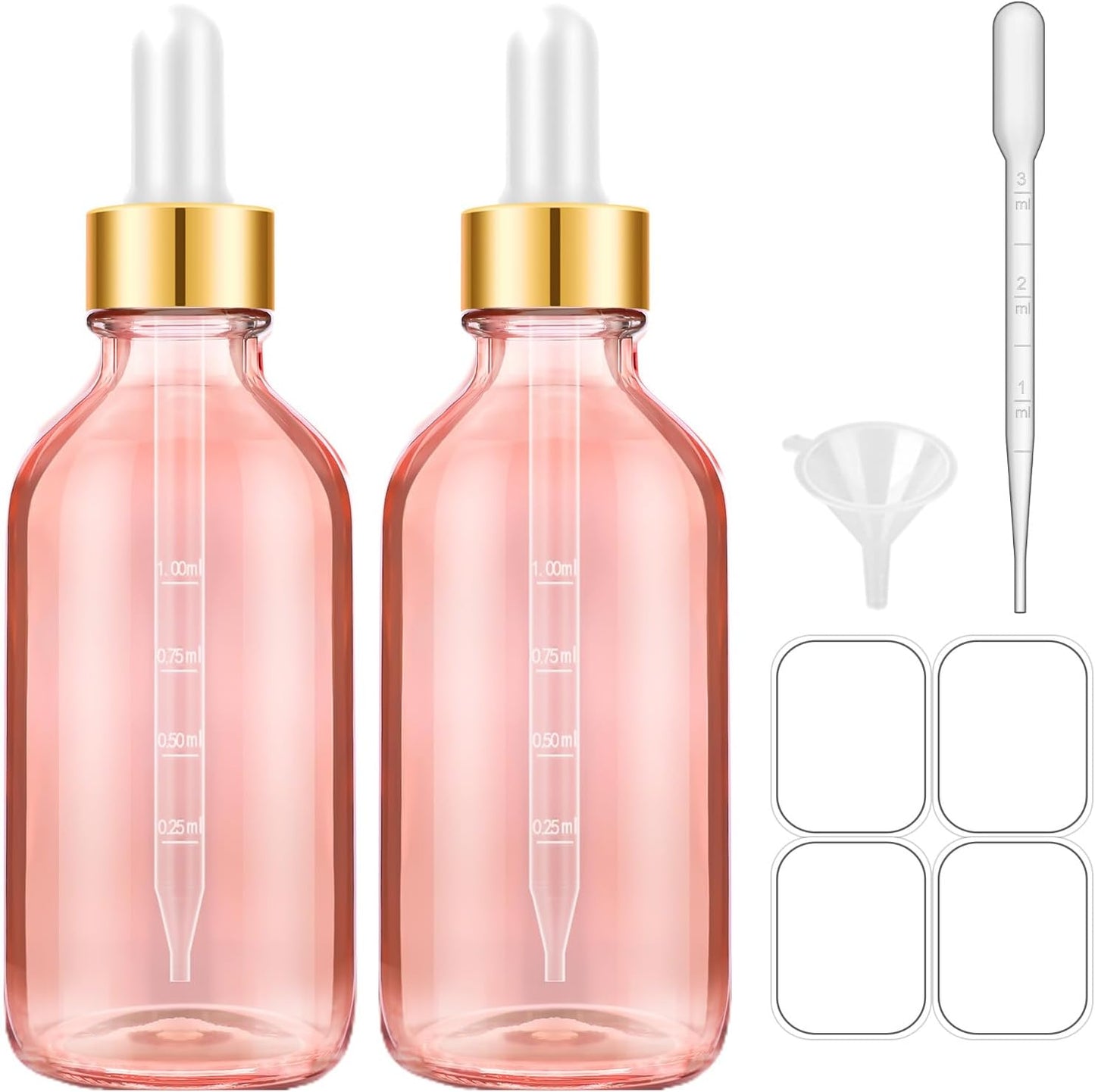 Bumobum Glass Bottle with Dropper, 4 oz Pink Tincture Bottle for Essential Oils with Labels and Funnels, 2 Pack Eye Dropper Bottles with Golden Top (Unbreakable Plastic Eye Dropper with Measurements)