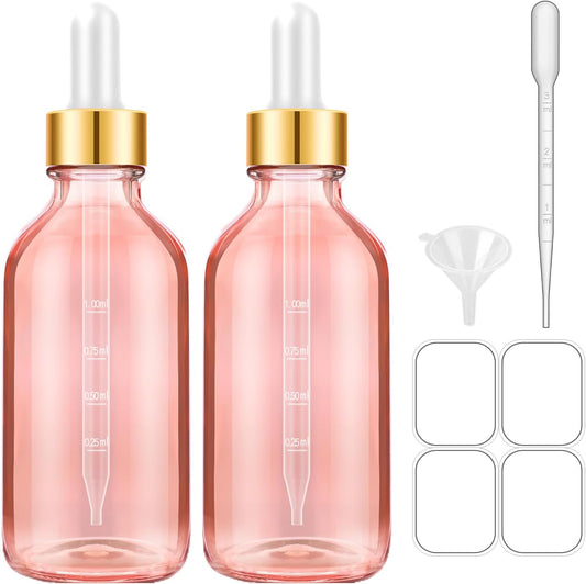 Bumobum Glass Bottle with Dropper, 4 oz Pink Tincture Bottle for Essential Oils with Labels and Funnels, 2 Pack Eye Dropper Bottles with Golden Top (Unbreakable Plastic Eye Dropper with Measurements)