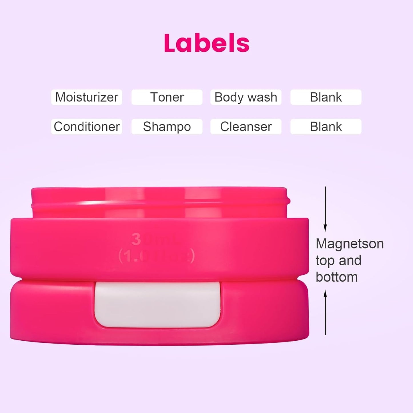 Gemice Travel Containers for Toiletries, Magnetic Travel Containers, TSA Approved Cream Jars with Toiletry Bag, Leak-proof Small 1oz Capsules Set with Multiple Labels for Organization (4 Pack)