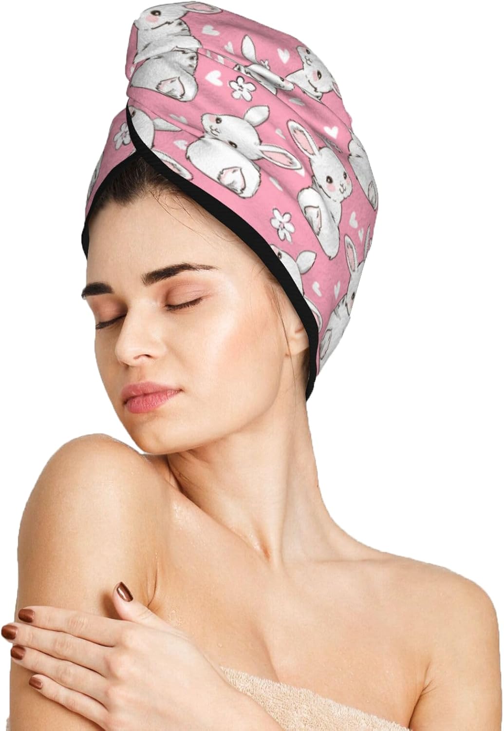 Bunny Hair Towel Wrap Microfiber Fast Drying Hair Turban with Buttons for Women Drying Curly, Long & Thick Hair