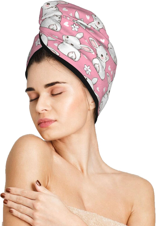 Bunny Hair Towel Wrap Microfiber Fast Drying Hair Turban with Buttons for Women Drying Curly, Long & Thick Hair
