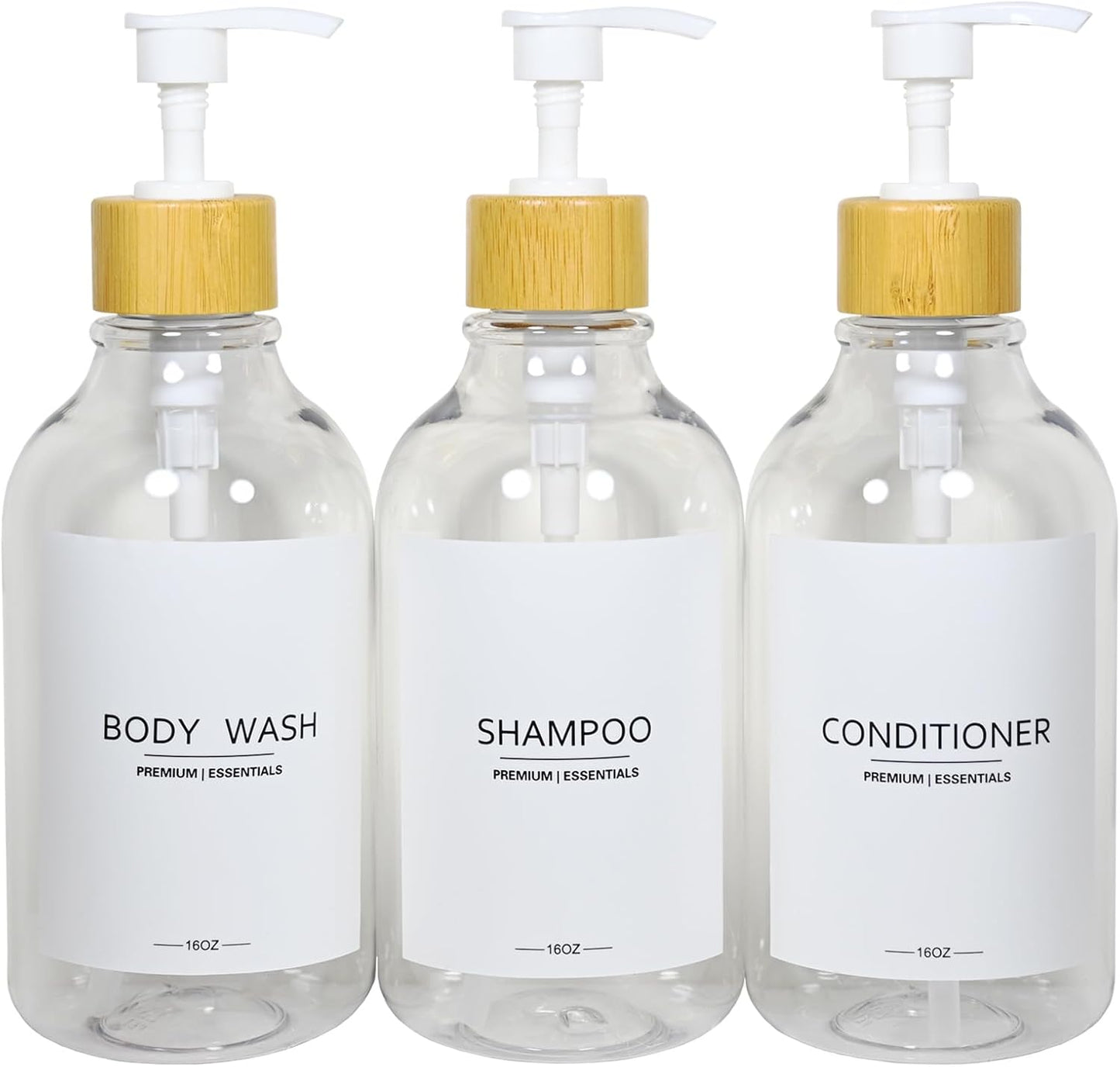 Shower Shampoo and Conditioner Bottles, Apothecary Dispenser Bamboo Pump, Refillable Bottles for Lotion Oil Hand Soap and Dish Soap, Plastic Set (3 Bottles 9 Labels) (3, Clear)