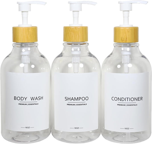 Shower Shampoo and Conditioner Bottles, Apothecary Dispenser Bamboo Pump, Refillable Bottles for Lotion Oil Hand Soap and Dish Soap, Plastic Set (3 Bottles 9 Labels) (3, Clear)