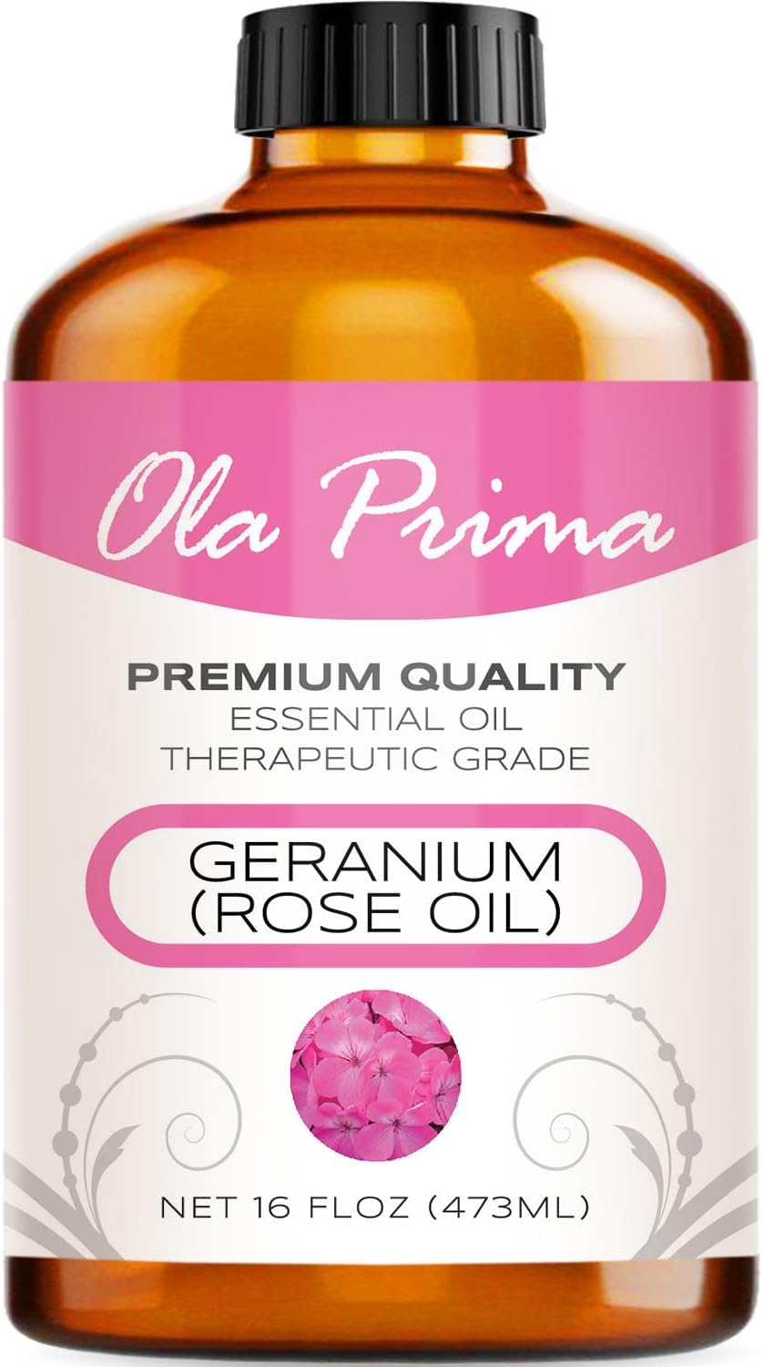 Ola Prima Rose Geranium Essential Oil Pure Therapeutic Grade for Aromatherapy Diffuser, Relaxation & Skincare (16oz Bulk)