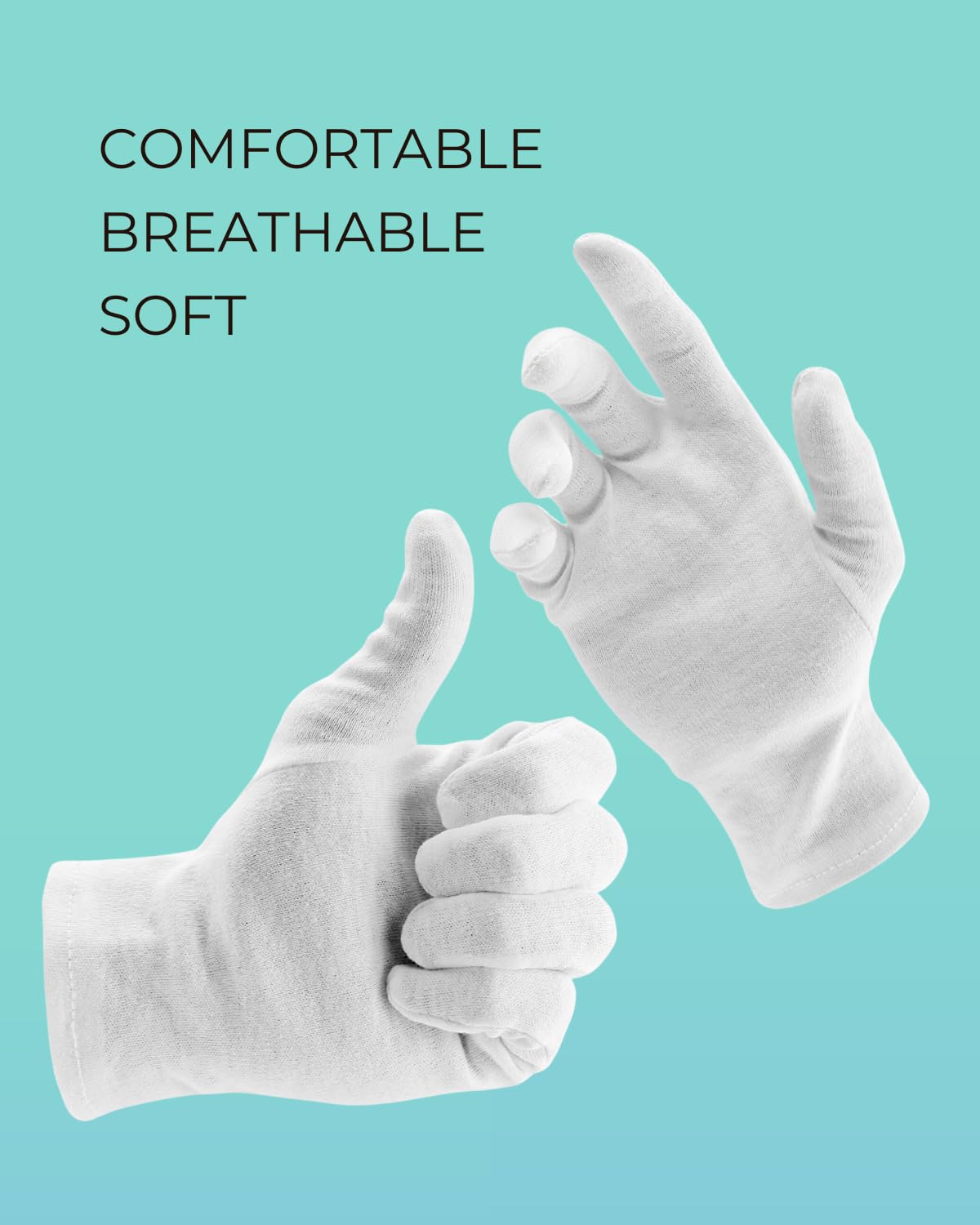 Cotton Gloves (2 Pairs), White, Moisturizing Night Gloves for Dry Hands, 100% Cotton, Size L